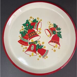 Vintage Holly Berries Glitter Round Tin Metal Serving Tray 13" Diameter